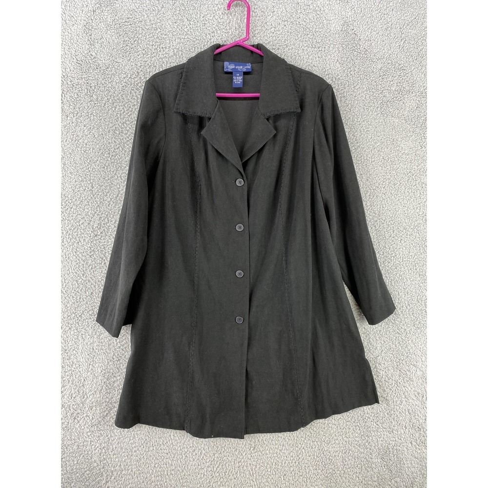 Susan Graver Jacket Womens 1X Black Long Button Front Coat Lightweight Stretchy